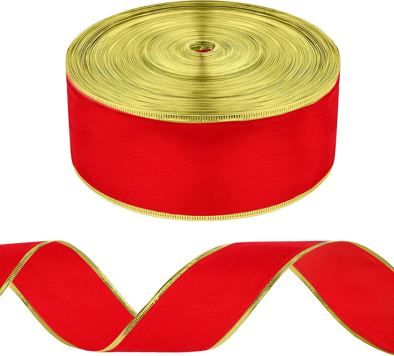 50 Yards 2.5 Inch Christmas Velvet Wired Ribbon Fabric Decorative Ribbon Gift Wrapping Ribbon for DIY Craft Christmas Holiday Bows Wreath Wedding Indoor Outdoor(Red with Gold Trim)